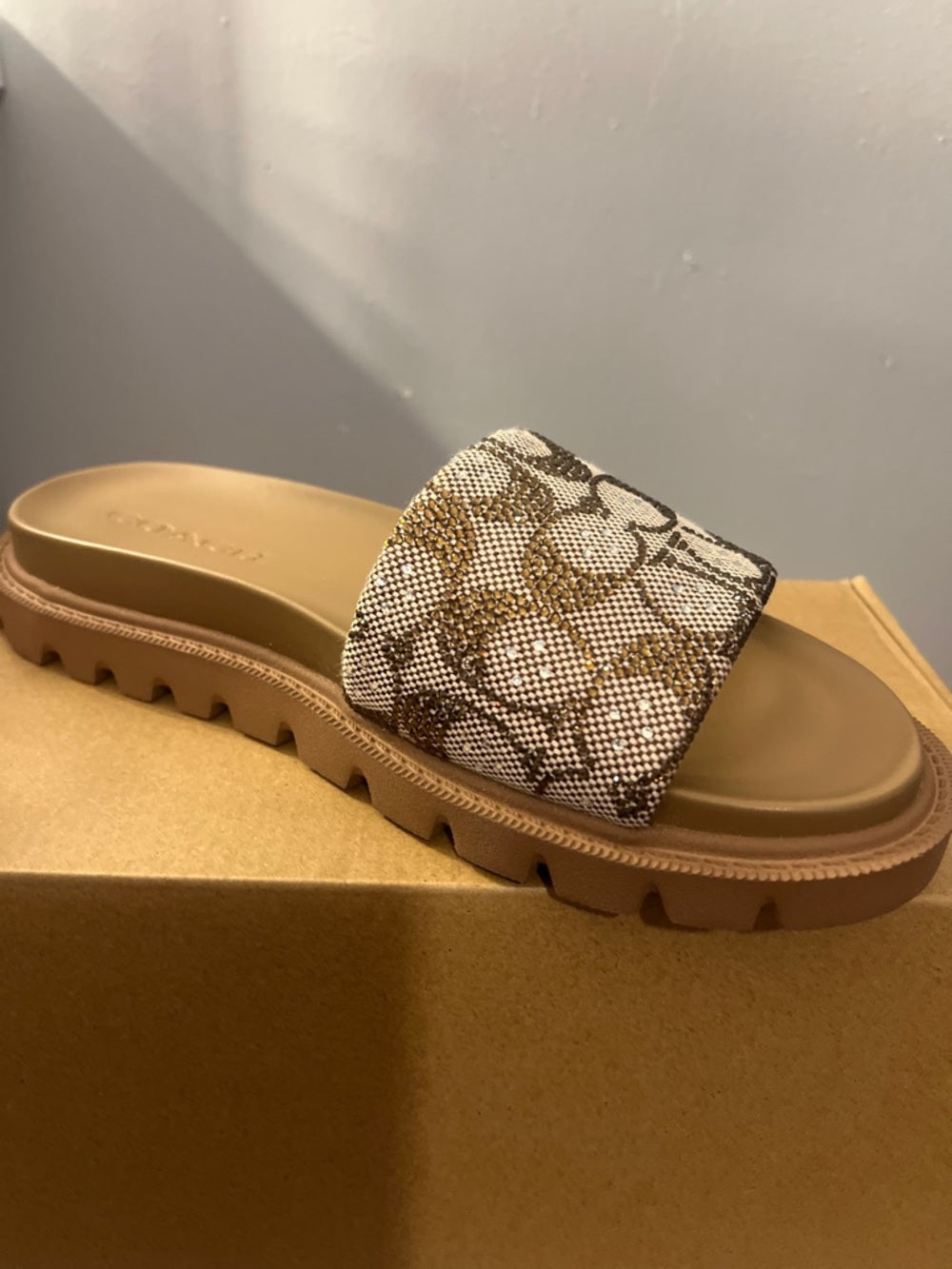 Coach Brynn Crystal Slide Sandals Signature Jacquard Tan Women's SIZE 7