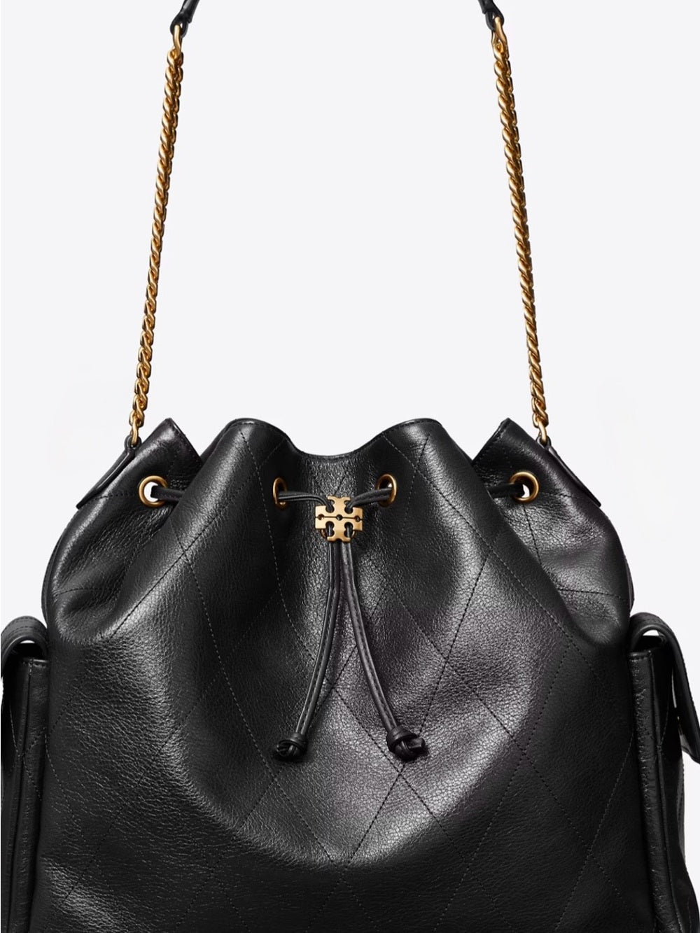 Tory Burch Large Black Quilted Charlie Leather Drawstring Bucket Bag