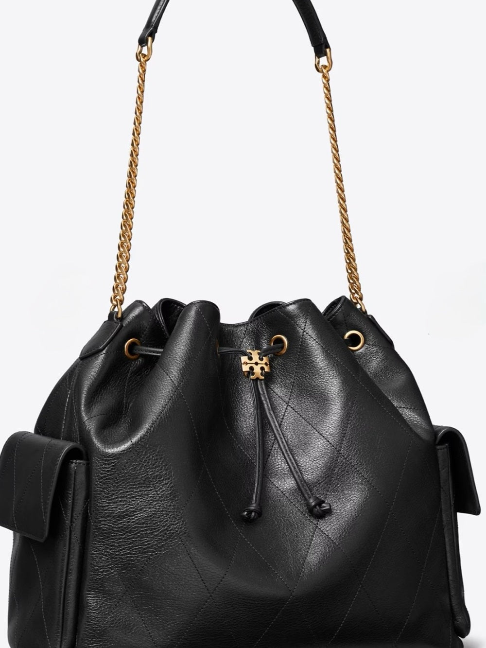 Tory Burch Large Black Quilted Charlie Leather Drawstring Bucket Bag