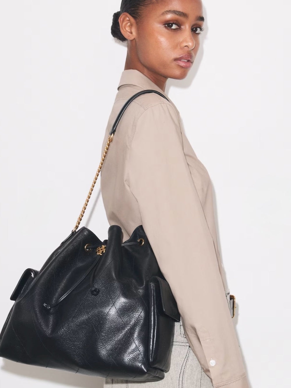 Tory Burch Large Black Quilted Charlie Leather Drawstring Bucket Bag