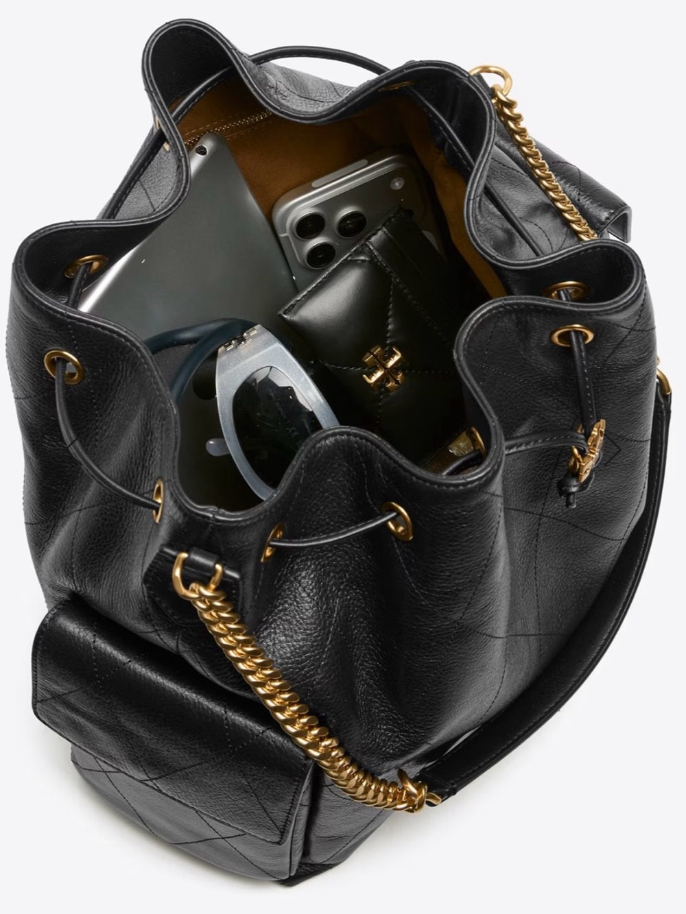 Tory Burch Large Black Quilted Charlie Leather Drawstring Bucket Bag