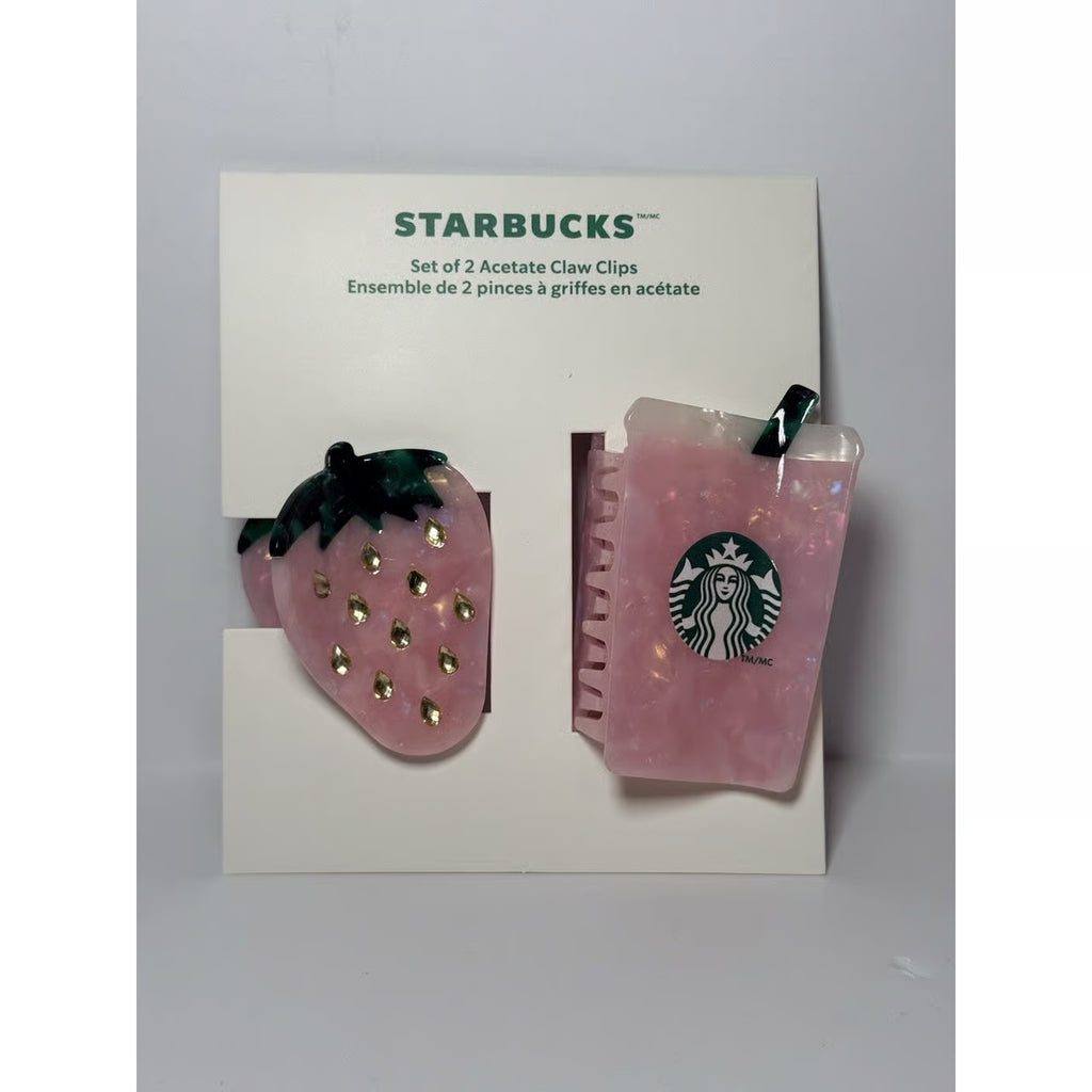 Starbucks Pink Strawberry & Cup Acetate Hair Claw Clips Set