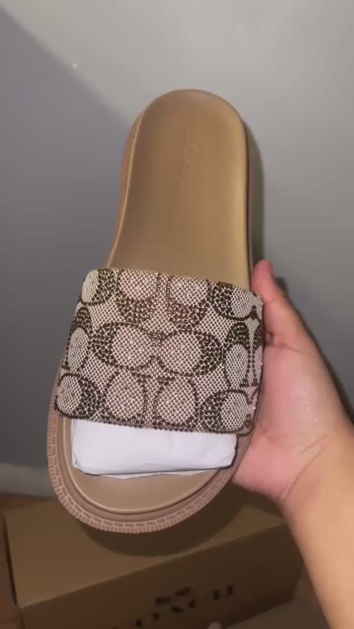 Coach Brynn Crystal Slide Sandals Signature Jacquard Tan Women's SIZE 7